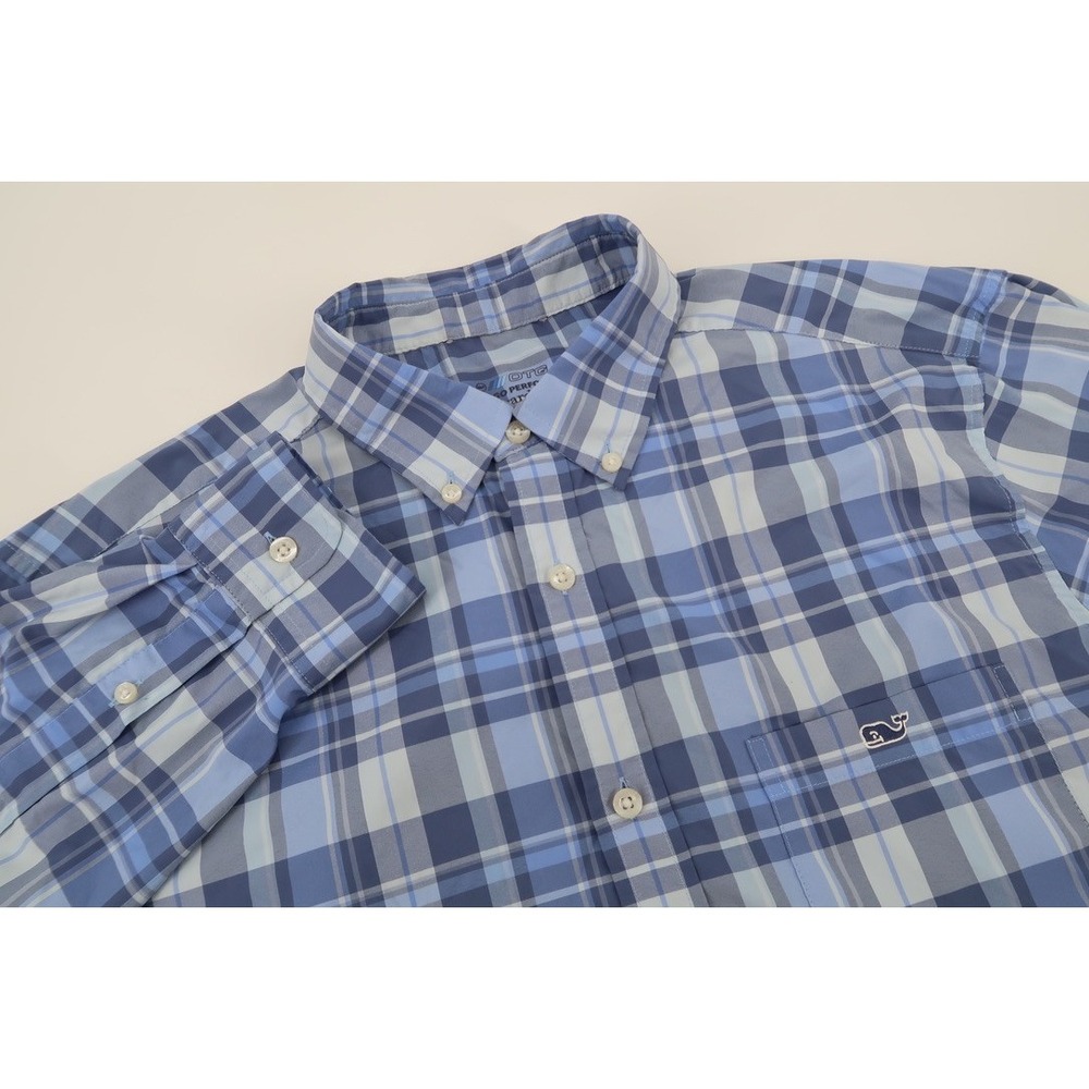 Vineyard Vines On-The-Go Performance Shirt Mens Large Blue Plaid Stretch L/S